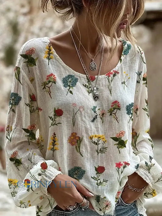 Dams vintage blommig konsttryckt casual topp i bomull-linne - A / S