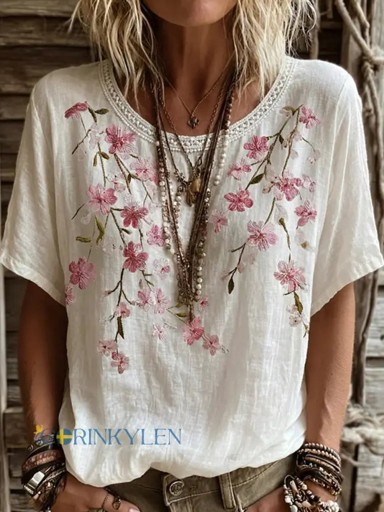 Dams vintage blommig konsttryckt casual topp i bomull-linne - A / S