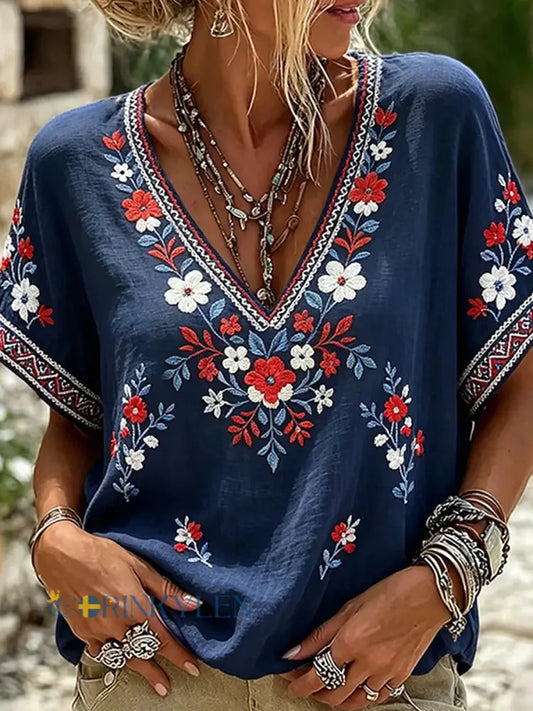 Dams vintage blommig konsttryckt casual topp i bomull-linne - A / S