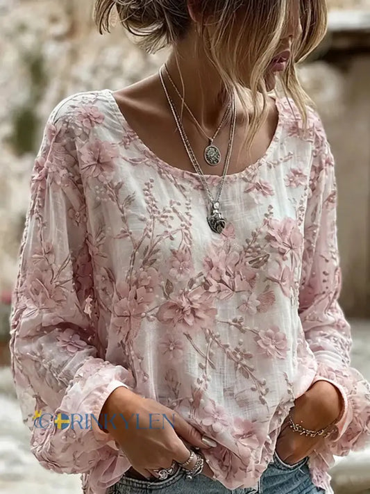 Dams vintage blommig konsttryckt casual topp i bomull-linne - A / S