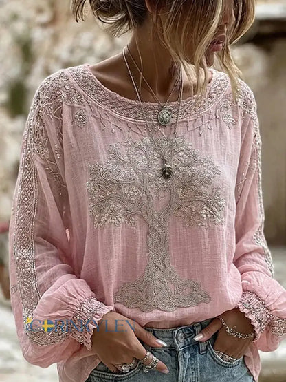 Dams vintage blommig konsttryckt casual topp i bomull-linne - B / S