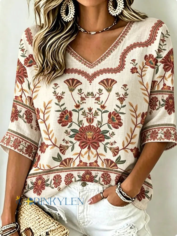 Dams vintage bohemisk broderad blommig topp i bomull-linne med v-ringning - Aprikot / S