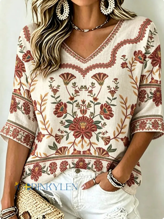 Dams vintage bohemisk broderad blommig topp i bomull-linne med v-ringning - Aprikot / S