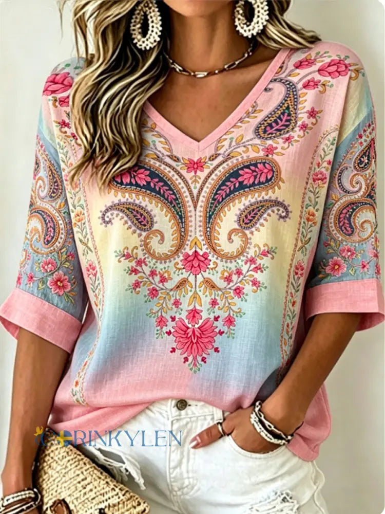 Dams vintage bohemisk broderad blommig topp i bomull-linne med v-ringning - runk / S