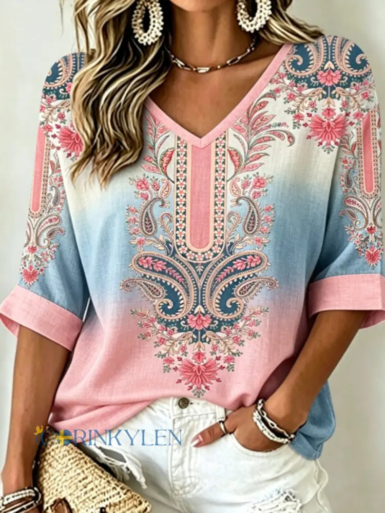 Dams vintage bohemisk broderad blommig topp i bomull-linne med v-ringning - runk / S