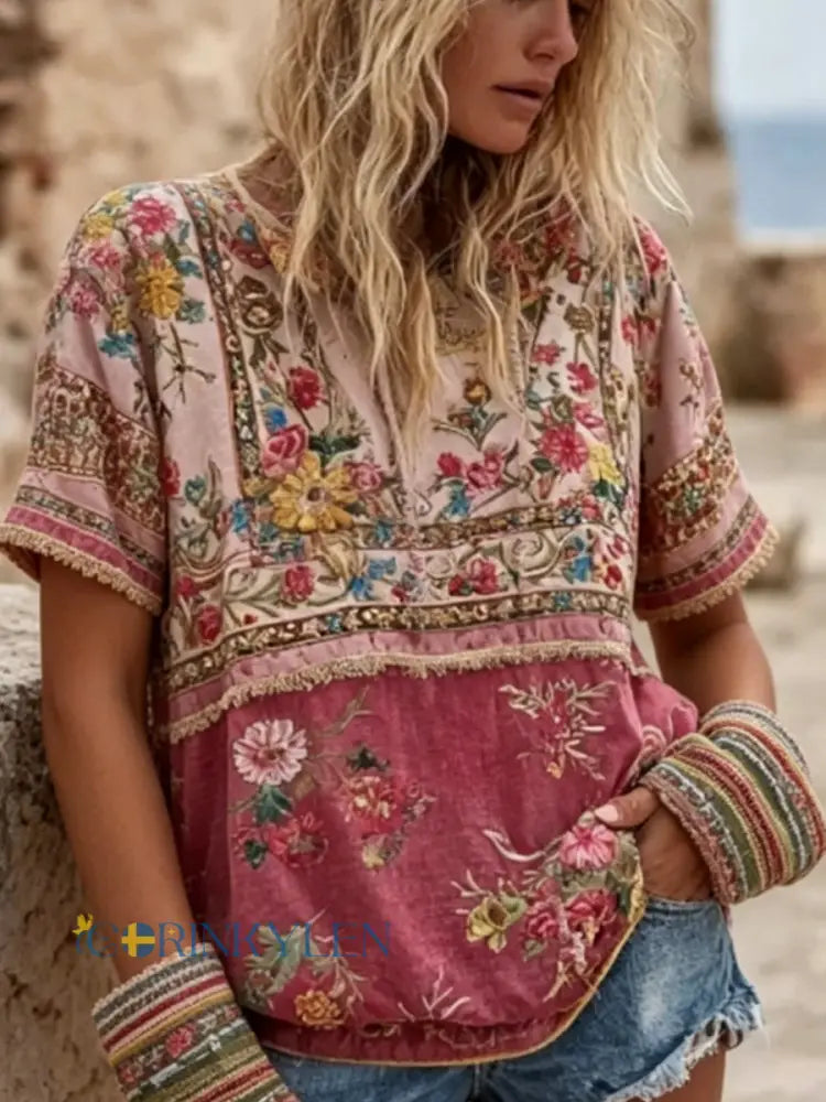 Dams vintage bohemisk broderad patchwork-t-shirt i linblandning med blommönster rund halsringning och korta ärmar