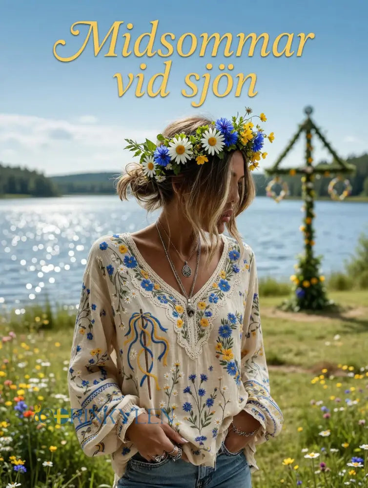 Dams Vintage Midsommar Blommigt Konsttryck Avslappnad Topp i Bomull-Linntyg