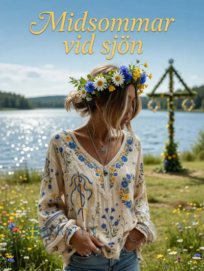 Dams Vintage Midsommar Blommigt Konsttryck Avslappnad Topp i Bomull-Linntyg