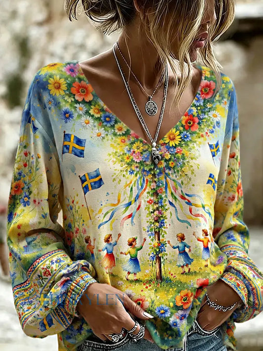 Dams Vintage Midsommar Blommigt Konsttryck Avslappnad Topp i Bomull-Linntyg - A / S
