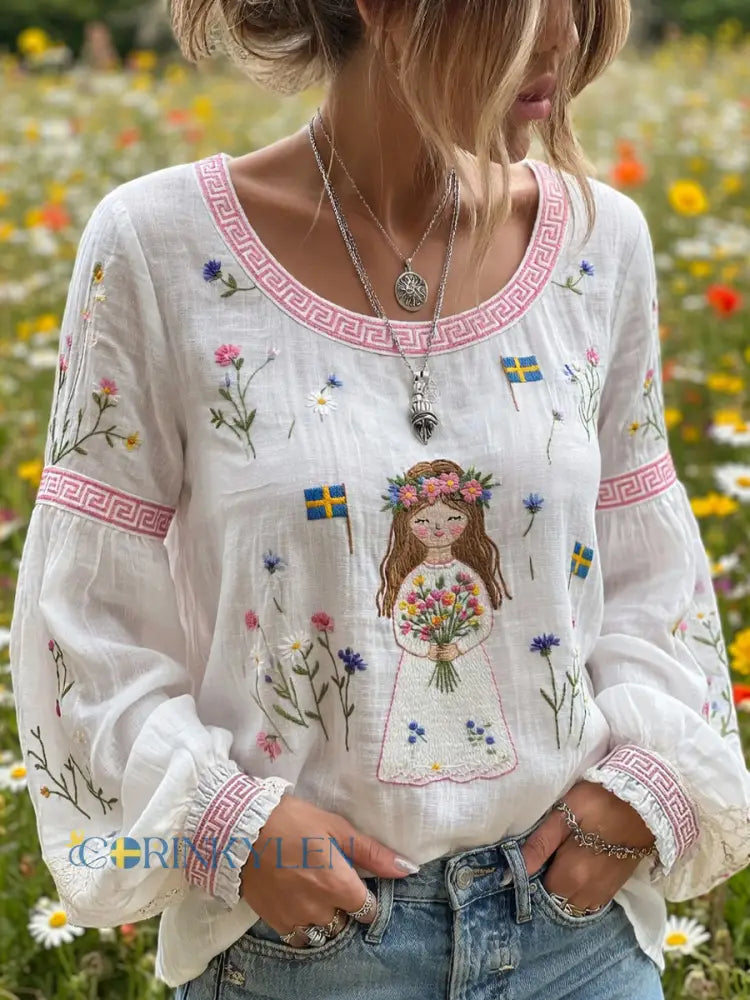 Dams Vintage Midsommar Blommigt Konsttryck Avslappnad Topp i Bomull-Linntyg - A / S