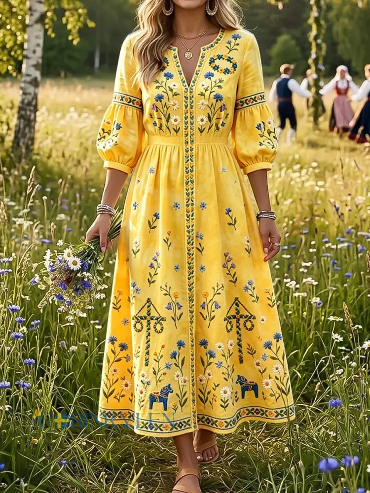 Dams vintage svensk midsommar blommig karusellkonst V-ringad klänning - flerlog / S