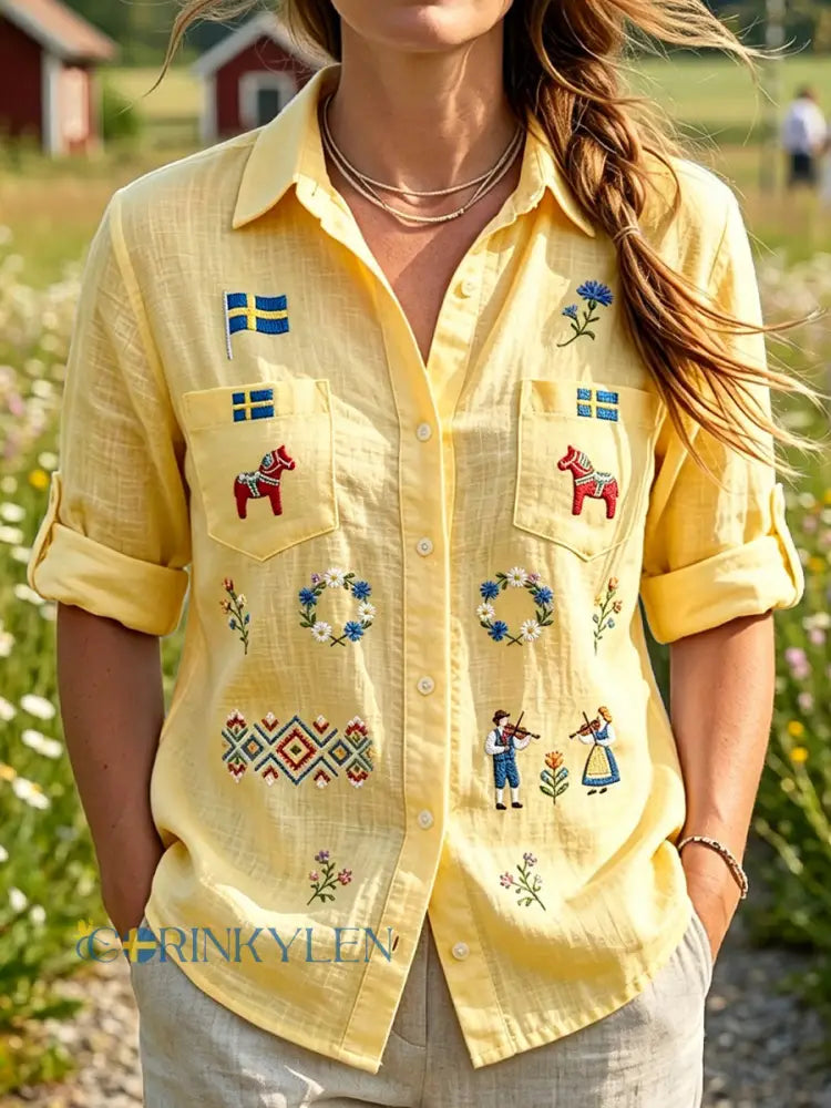 Dams vintage svensk midsommarblomkrans avslappnad skjorta - flerlog / S