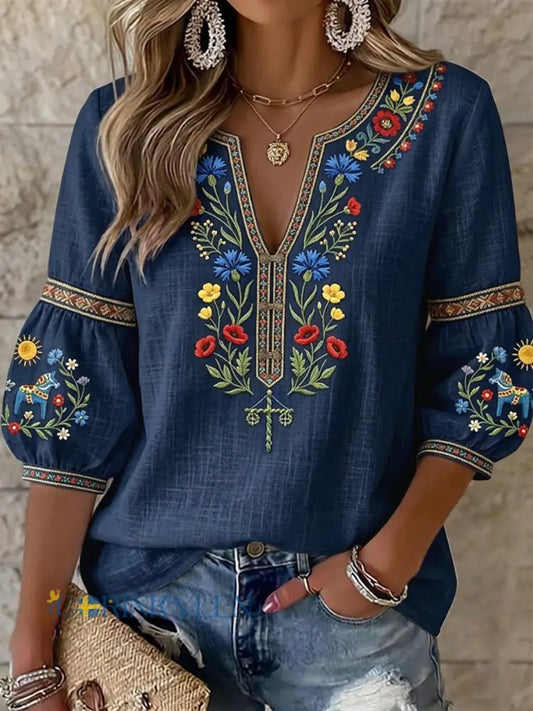 Dams vintage svensk midsommarblommig konst V-ringad blus - flerlog / S