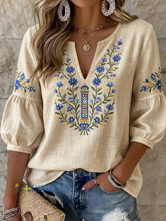 Dams vintage svensk midsommarblommig konst V-ringad blus - flerlog / S