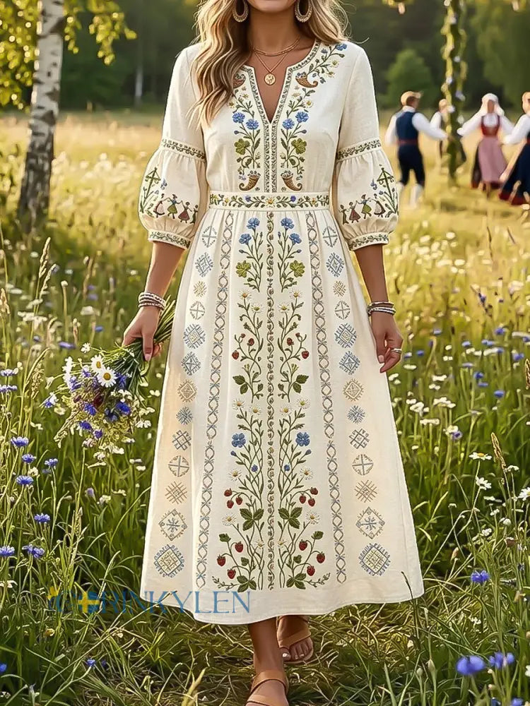 Dams vintage svensk midsommarblommig konst V-ringning klänning - flerlog / S