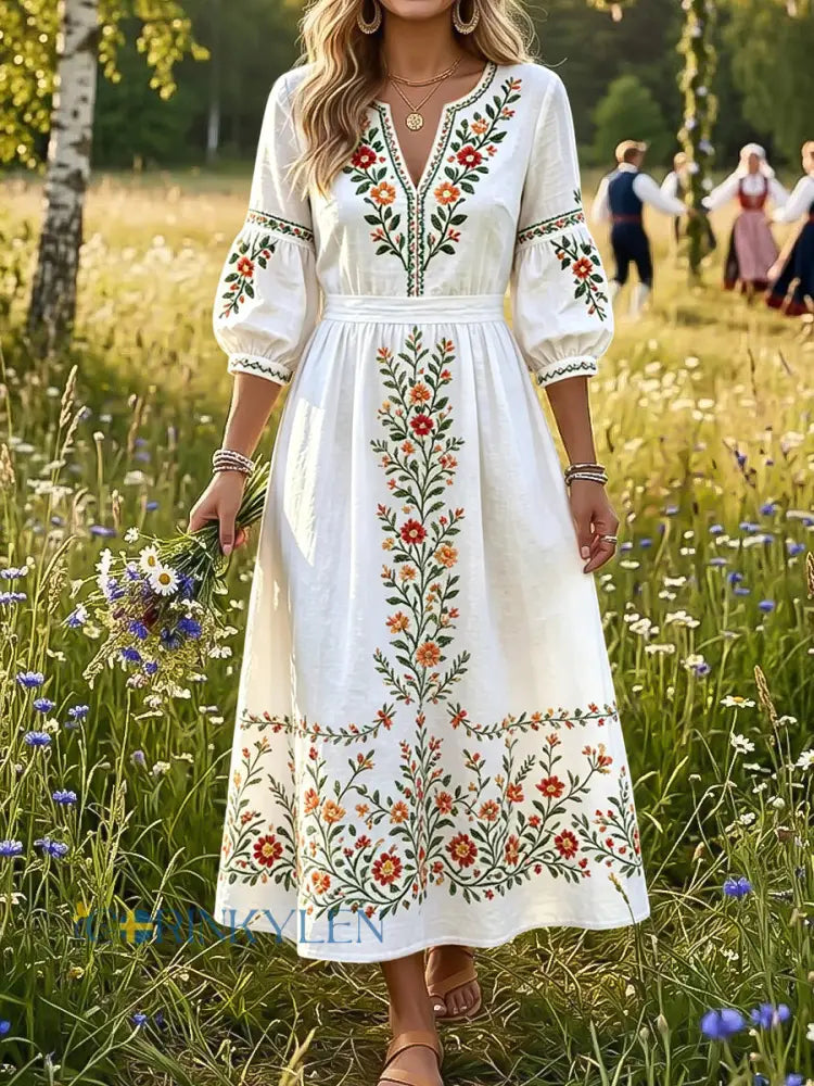 Dams vintage svensk midsommarblommig konst V-ringning klänning - flerlog / S