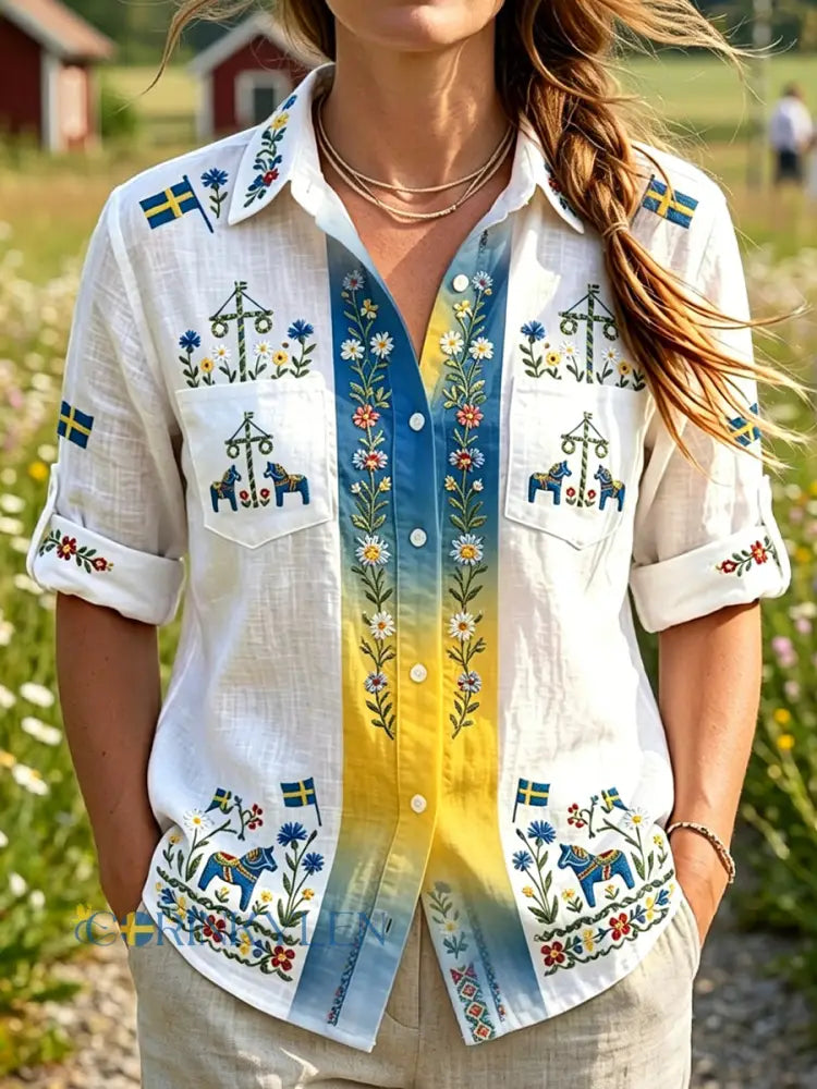 Dams vintage svensk midsommarblommig konstlångärmad casualblus - flerlog / S