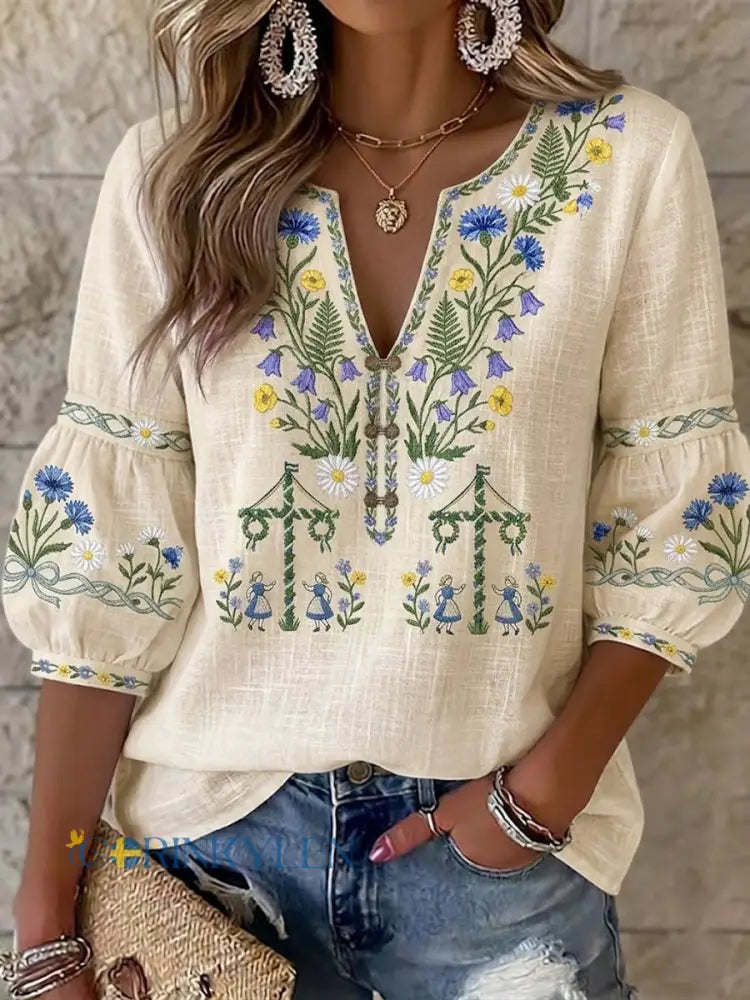 Dams vintage svensk midsommarblus i bomull-linne med blommönster - Aprikot / S