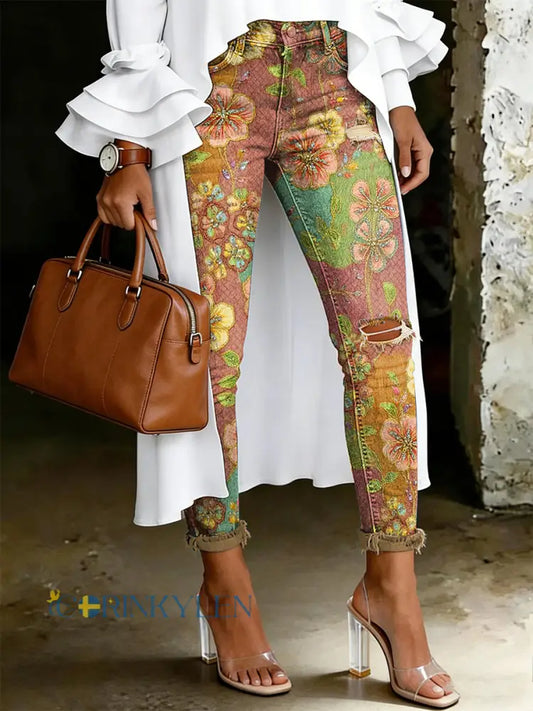 Damsjeans med artistisk blommönster - brun / S
