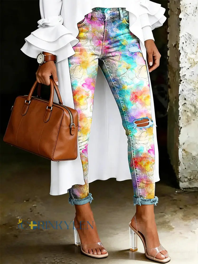 Damsjeans med artistisk blommönster - flerlog / S