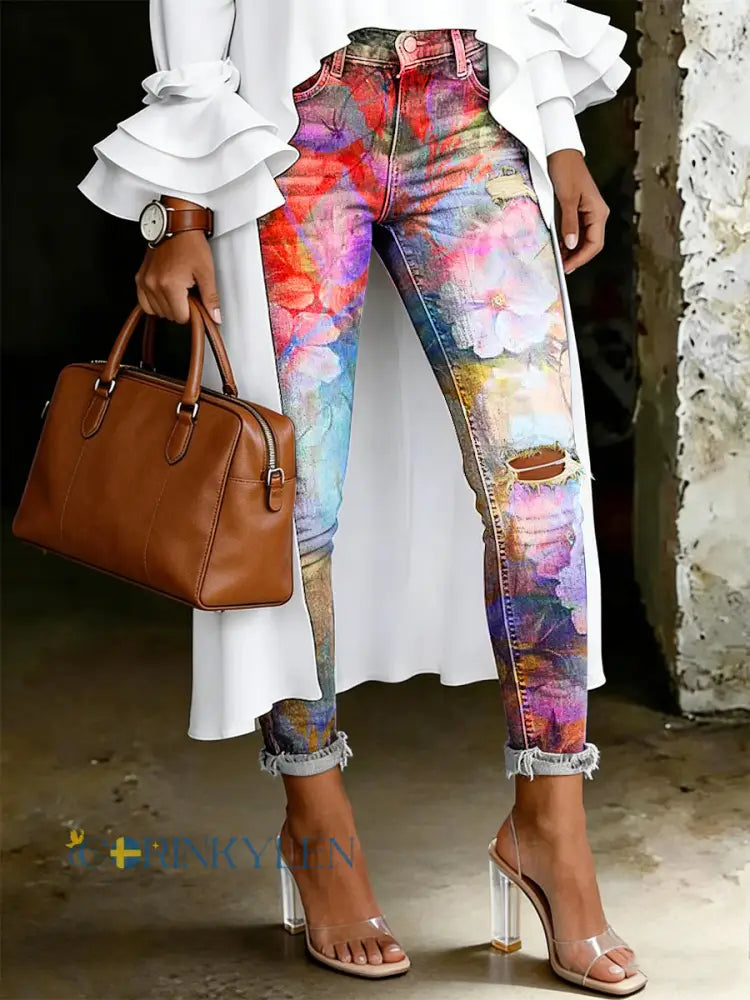 Damsjeans med artistisk blommönster - flerlog / S