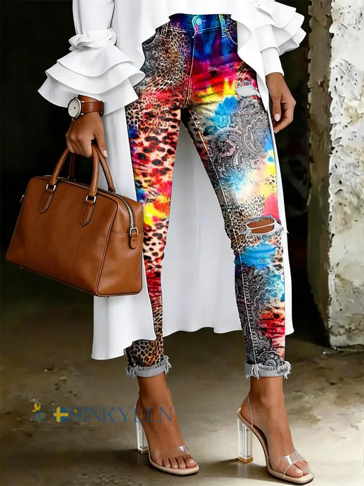 Damsjeans med artistisk blommönster - flerlog / S