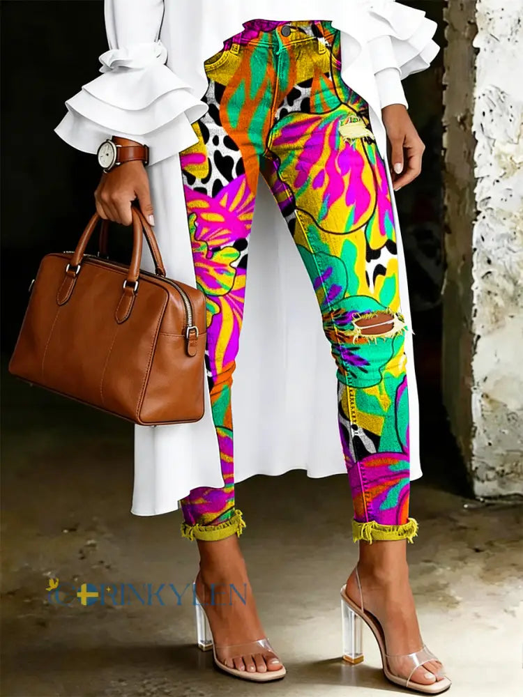 Damsjeans med artistisk blommönster - flerlog / S