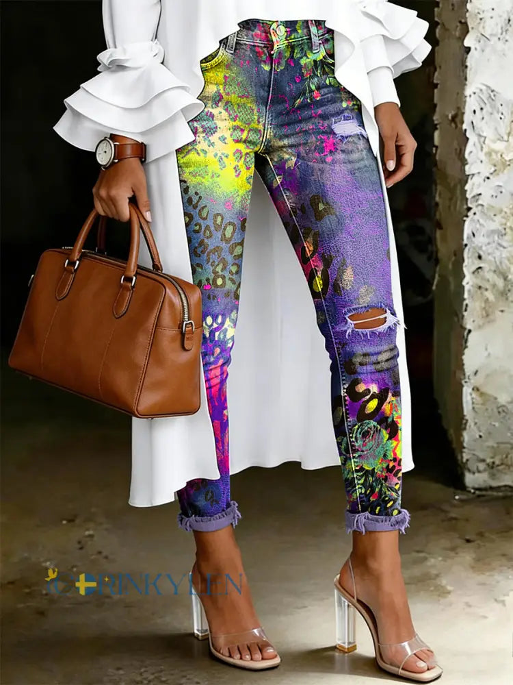 Damsjeans med artistisk blommönster - flerlog / S
