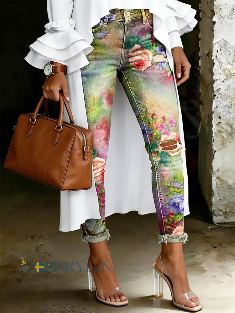 Damsjeans med artistisk blommönster - grönt / S