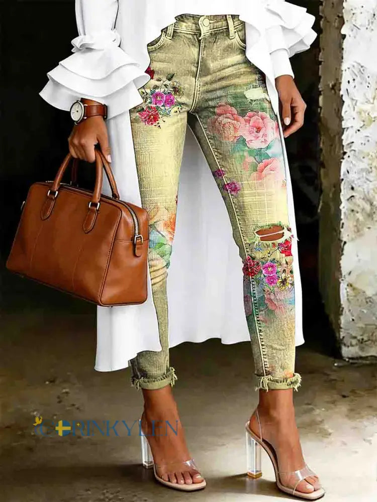 Damsjeans med artistisk blommönster - gul / S