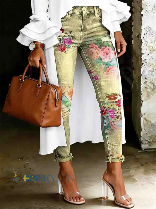 Damsjeans med artistisk blommönster - gul / S