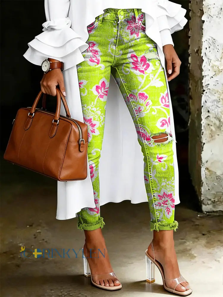 Damsjeans med artistisk blommönster - ljusgrön / S