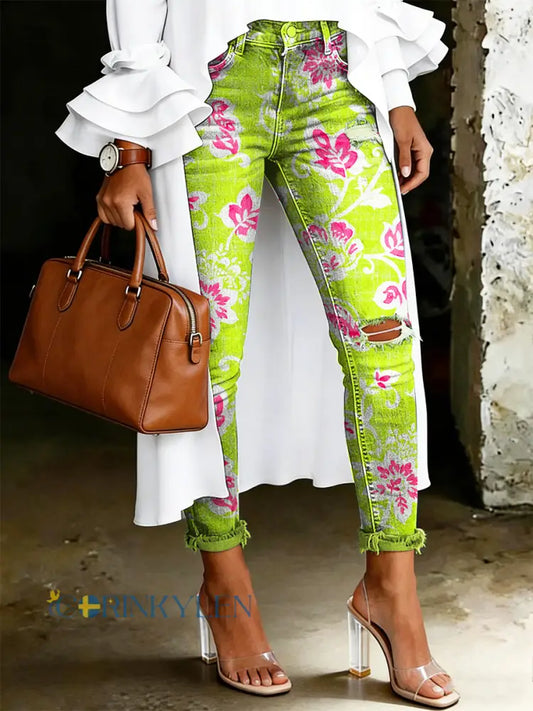 Damsjeans med artistisk blommönster - ljusgrön / S