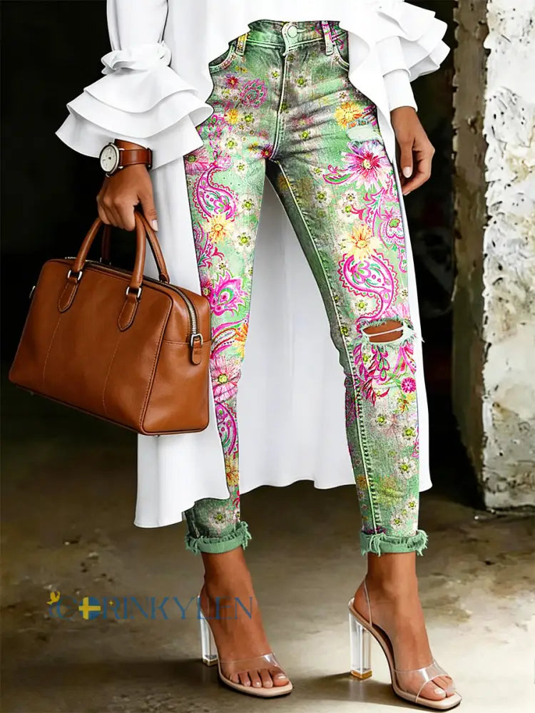 Damsjeans med artistisk blommönster - ljusgrön / S