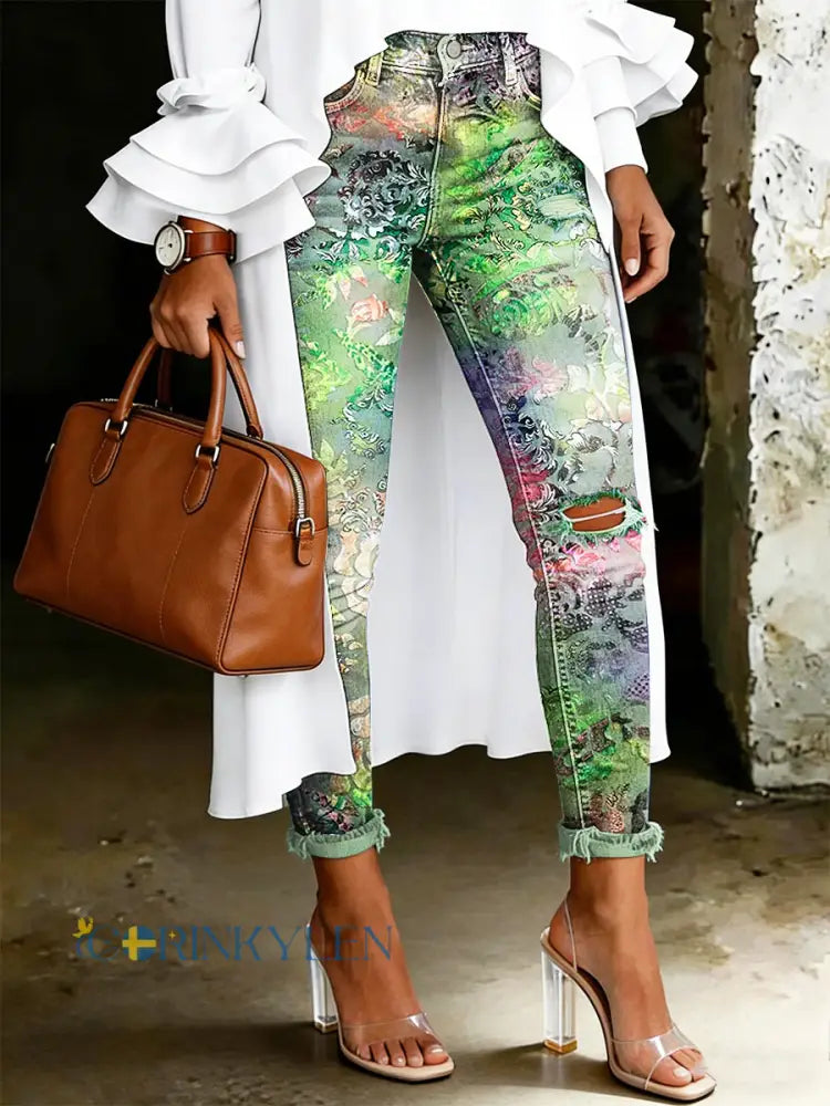 Damsjeans med artistisk blommönster - ljusgrön / S