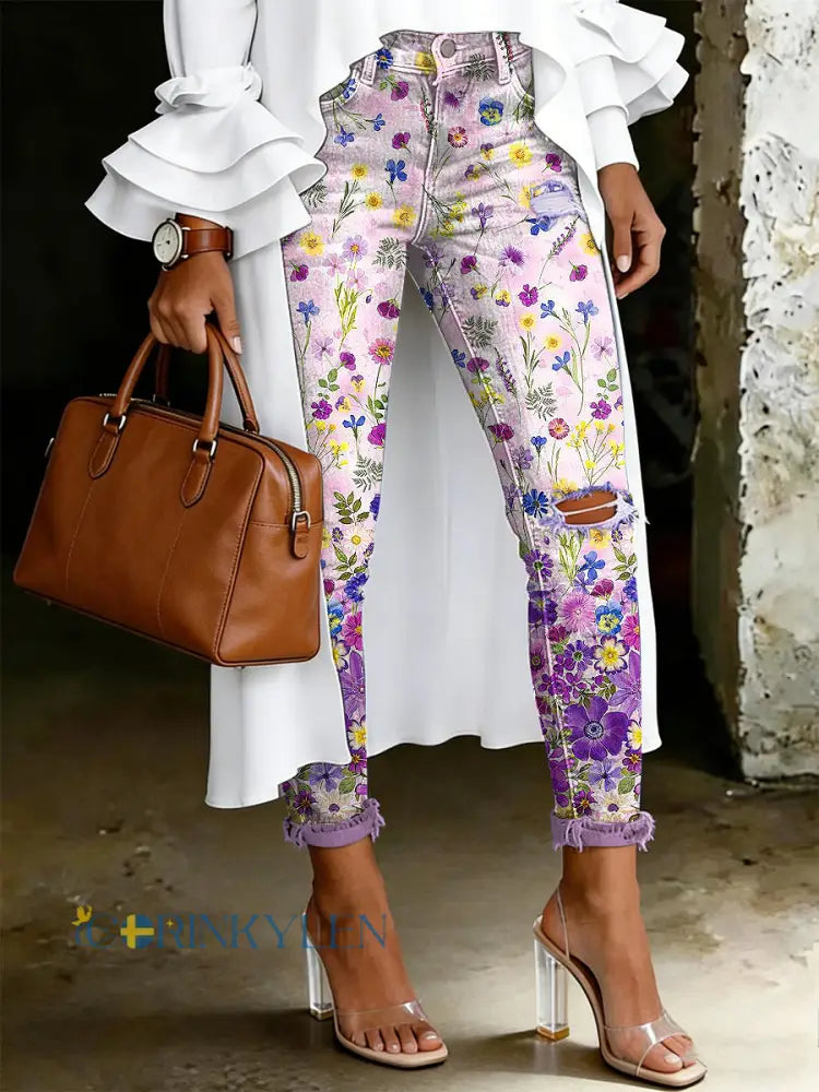 Damsjeans med artistisk blommönster - mörkt / S