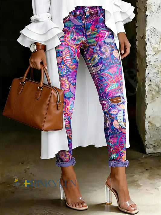 Damsjeans med artistisk blommönster - mörkt / S