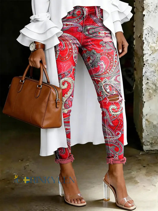 Damsjeans med artistisk blommönster - röd / S