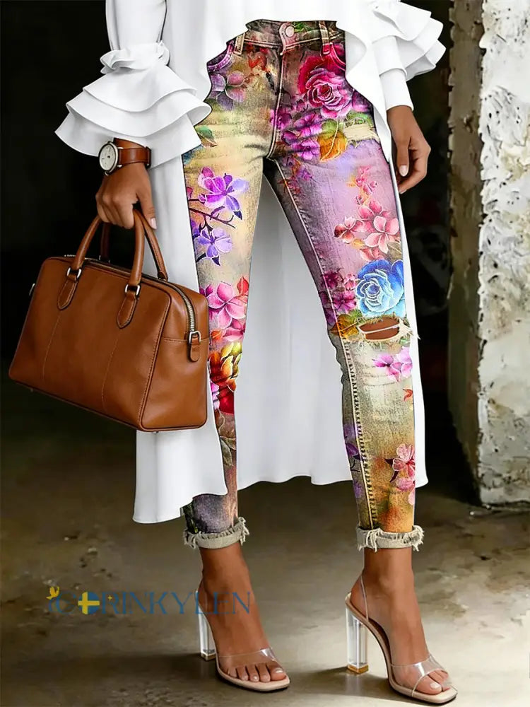Damsjeans med artistisk blommönster - runk / S