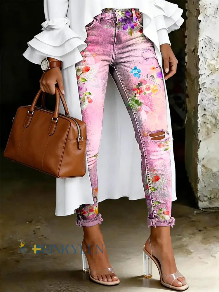 Damsjeans med artistisk blommönster - runk / S