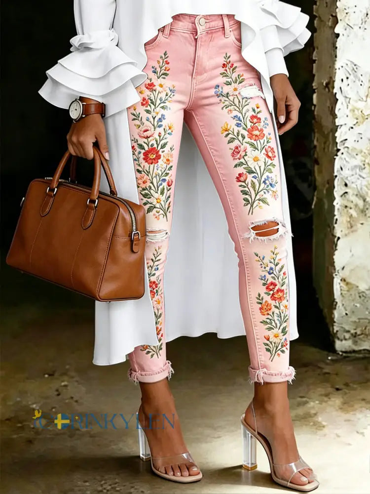 Damsjeans med artistisk blommönster - runk / S
