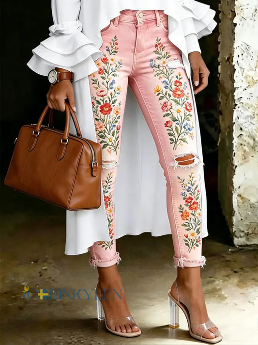 Damsjeans med artistisk blommönster - runk / S