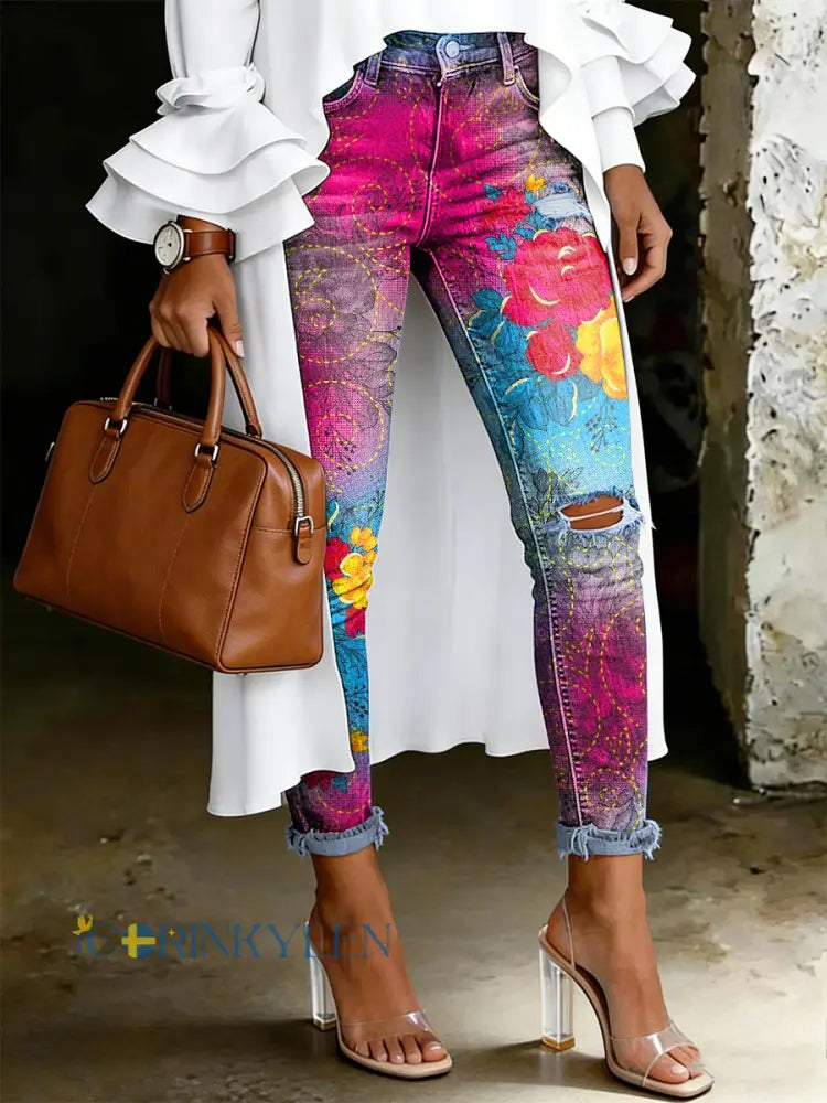 Damsjeans med artistisk blommönster - runk / S