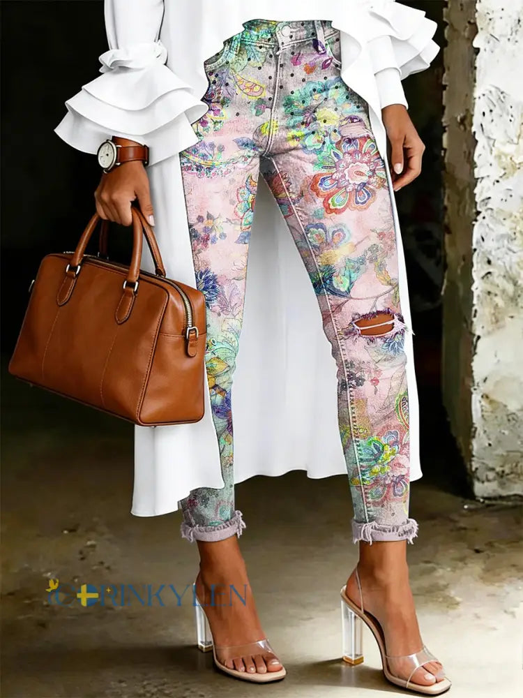 Damsjeans med artistisk blommönster - runk / S