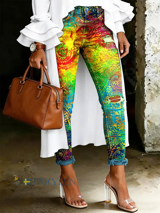 Damsjeans med artistisk blommönster - S