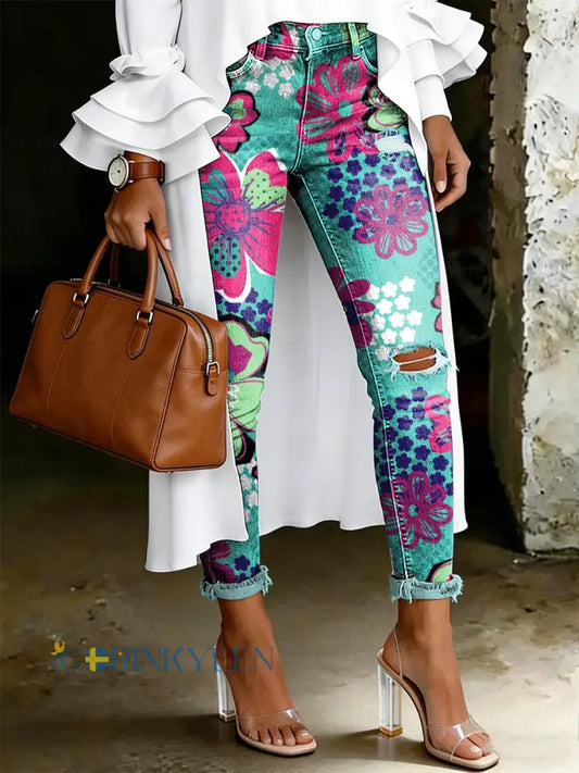 Damsjeans med artistisk blommönster - sjön gröna / S