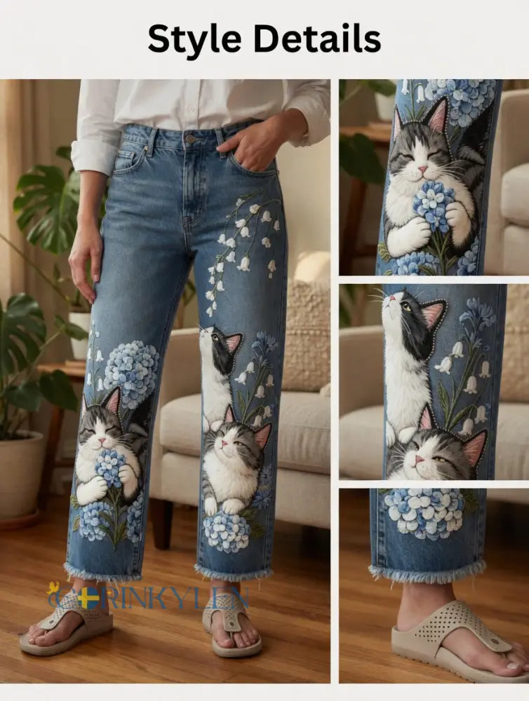 Damsjeans med djurmotivkonstprint