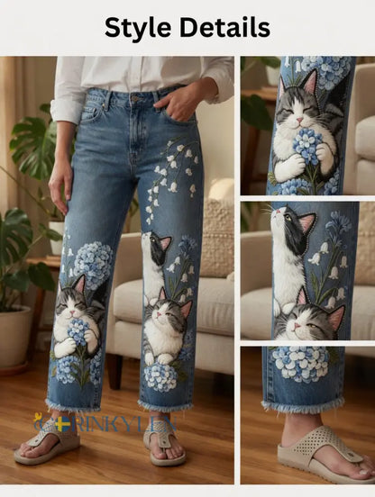 Damsjeans med djurmotivkonstprint