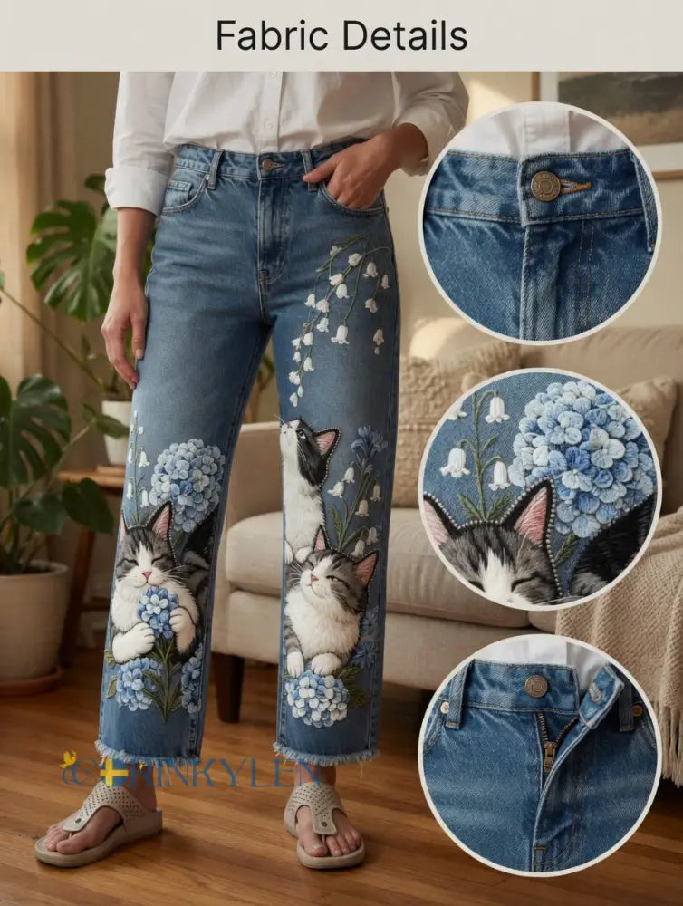 Damsjeans med djurmotivkonstprint