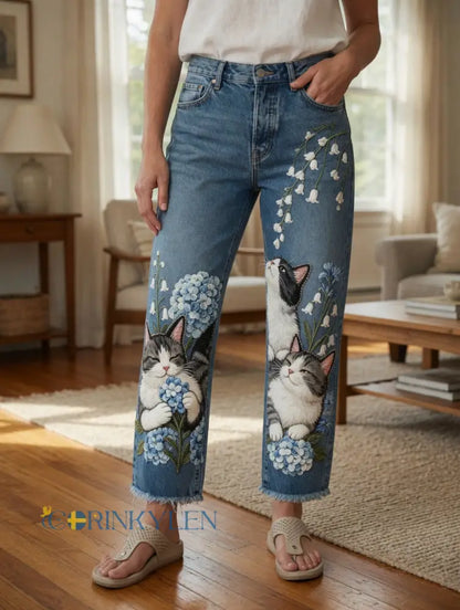 Damsjeans med djurmotivkonstprint